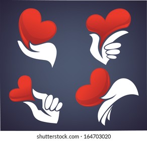 white hands and red hearts, vector collection of love concept, labels and forms