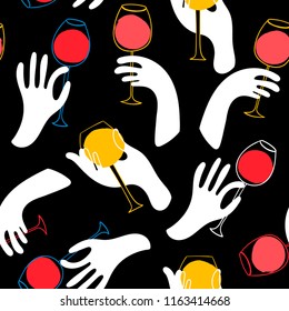 White hands with wine. Black background. Hand drawn colored vector seamless pattern