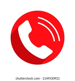 White Handset With Flat Shadow. Phone Circle Red Icon.  Telephone symbol. Flat design Vector Illustration. Colorful attract attention graphic