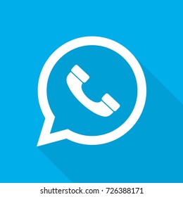 White handset icon in flat design. Vector illustration. Symbol of handset with long shadow on blue background.