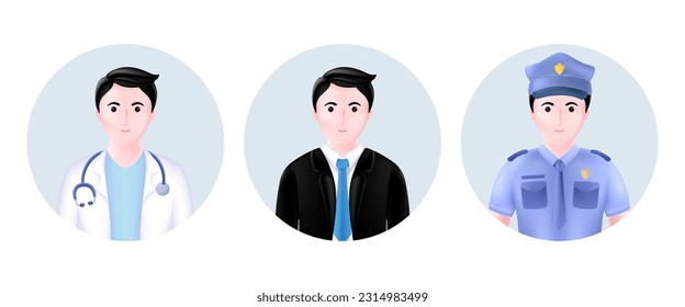 White handsome young man 3d avatar. 3d vector illustration of businessman, doctor, policeman