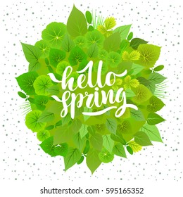 White handwritten lettering "Hello Spring" in the background of ball of green leaves.