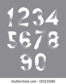 White handwritten numbers, vector doodle brushed figures, hand-painted set of numbers with brushstrokes.
