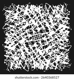 White handwritten rich texture on black background. Doodles and squiggles. Vector illustration