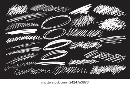 White Handwritten Scribbles And Strokes, Vector Design Elements Set. Doodles And Squiggle Strokes, Lines, Loops