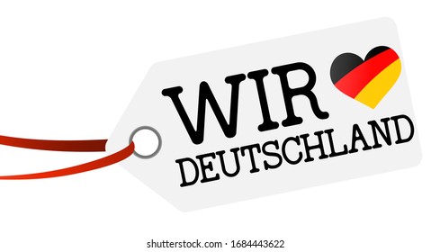 white hang tag with ribbon and text we love (text in german) and heart flag