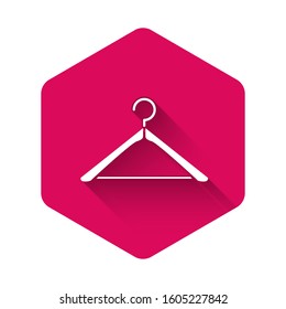 White Hanger wardrobe icon isolated with long shadow. Cloakroom icon. Clothes service symbol. Laundry hanger sign. Pink hexagon button. Vector Illustration