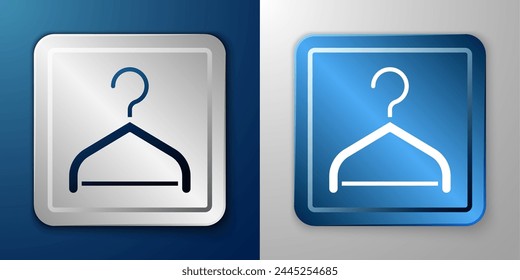 White Hanger wardrobe icon isolated on blue and grey background. Cloakroom icon. Clothes service symbol. Laundry hanger sign. Silver and blue square button. Vector