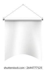 White hanging banner with a gracefully curved bottom edge waving against a clean white background, serving as a versatile textile mockup ideal for advertising and branding purposes
