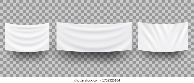 White hanging empty textile banners,3d realistic mockup. Vector set of textile advertising banners. Blank flag template
