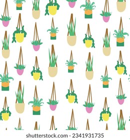 White hanging indoor plants in flowerpots seamless vector background. Indoor plants, and aloe vera vector pattern