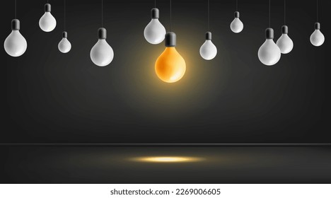 White hanging light bulbs and one yellow one in the middle glow in a black room 3d. For concepts design idea, invention, brainstorming, infographics.