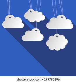 White hanging paper clouds dark blue flat design
