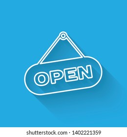 White Hanging sign with text Open door line icon isolated with long shadow. Vector Illustration