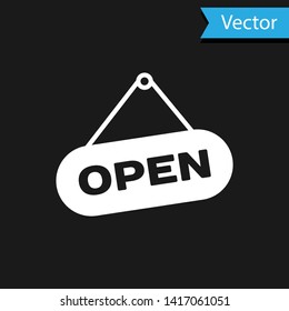 White Hanging sign with text Open door icon isolated on black background. Vector Illustration
