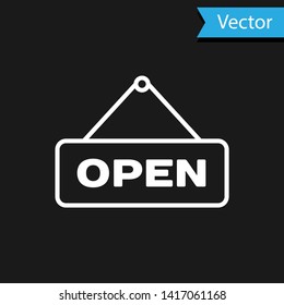 White Hanging sign with text Open door icon isolated on black background. Vector Illustration