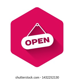White Hanging sign with text Open door icon isolated with long shadow. Pink hexagon button. Vector Illustration