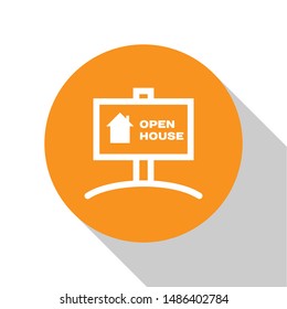 White Hanging sign with text Open house icon isolated on white background. Signboard with text Open house. Orange circle button. Vector Illustration