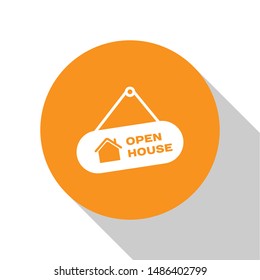 White Hanging sign with text Open house icon isolated on white background. Signboard with text Open house. Orange circle button. Vector Illustration