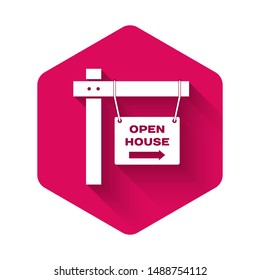 White Hanging sign with text Open house icon isolated with long shadow. Signboard with text Open house. Pink hexagon button. Vector Illustration