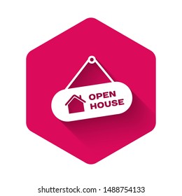 White Hanging sign with text Open house icon isolated with long shadow. Signboard with text Open house. Pink hexagon button. Vector Illustration