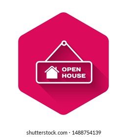 White Hanging sign with text Open house icon isolated with long shadow. Signboard with text Open house. Pink hexagon button. Vector Illustration