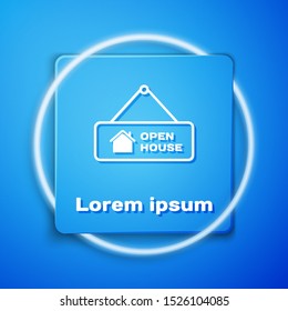 White Hanging sign with text Open house icon isolated on blue background. Signboard with text Open house. Blue square button. Vector Illustration