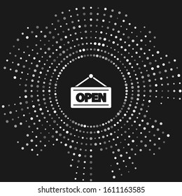White Hanging sign with text Open door icon isolated on grey background. Abstract circle random dots. Vector Illustration