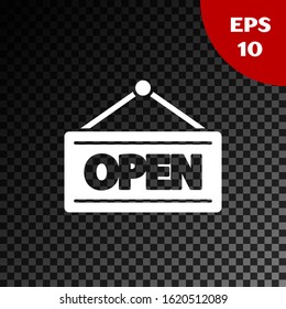 White Hanging sign with text Open door icon isolated on transparent dark background.  Vector Illustration