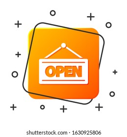 White Hanging sign with text Open door icon isolated on white background. Orange square button. Vector Illustration