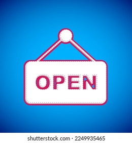 White Hanging sign with text Open door icon isolated on blue background.  Vector