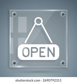 Letrero colgante blanco con texto Icono de puerta abierta aislado sobre fondo gris. Paneles de vidrio cuadrados. Vector