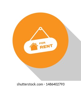 White Hanging sign with text For Rent icon isolated on white background. Signboard with text For Rent. Orange circle button. Vector Illustration