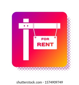 White Hanging sign with text For Rent icon isolated on white background. Signboard with text For Rent. Square color button. Vector Illustration