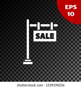 White Hanging sign with text Sale icon isolated on transparent dark background. Signboard with text Sale.  Vector Illustration