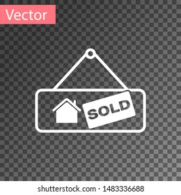 White Hanging sign with text Sold icon isolated on transparent background. Sold sticker. Sold signboard.  Vector Illustration