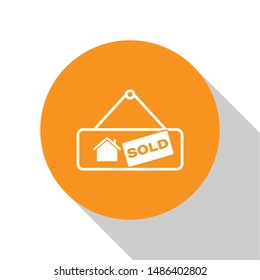 White Hanging sign with text Sold icon isolated on white background. Sold sticker. Sold signboard. Orange circle button. Vector Illustration