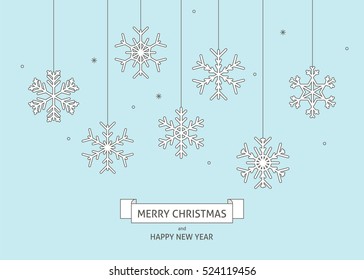 White hanging snowflakes on blue background. Vector flat style design