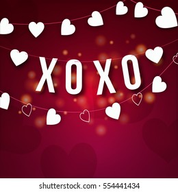 White hanging text XOXO with Hearts on shiny background, Elegant greeting card design for Happy Valentine's Day celebration.