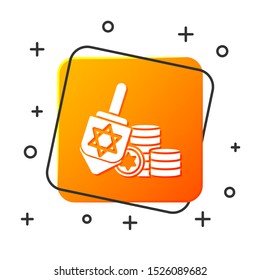 White Hanukkah dreidel and coin icon isolated on white background. Orange square button. Vector Illustration