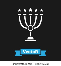 White Hanukkah menorah icon isolated on black background. Hanukkah traditional symbol. Holiday religion, jewish festival of Lights.  Vector Illustration