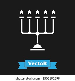 White Hanukkah menorah icon isolated on black background. Hanukkah traditional symbol. Holiday religion, jewish festival of Lights.  Vector Illustration