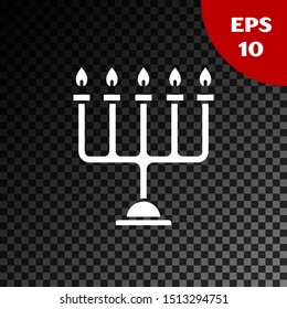 White Hanukkah menorah icon isolated on transparent dark background. Hanukkah traditional symbol. Holiday religion, jewish festival of Lights.  Vector Illustration