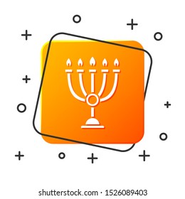 White Hanukkah menorah icon isolated on white background. Hanukkah traditional symbol. Holiday religion, jewish festival of Lights. Orange square button. Vector Illustration