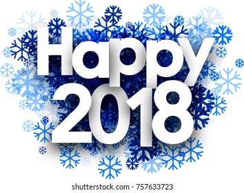 Weißer, glücklicher Winterhintergrund 2018 mit blauen Schneeflocken. Vektorgrafik.