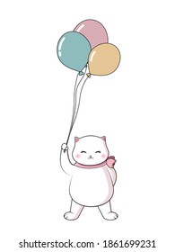 White happy cat with balloons. Vector image in eps format.