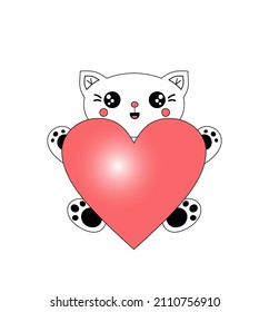 White happy cat holds pink heart. Holiday card, print for clothing, poster. Japanese anime, manga comics. Kawaii emotions. Cartoon vector illustration.