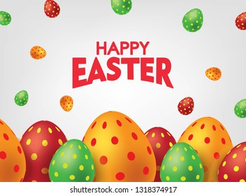 White Happy Easter Card with Colorful Eggs. Falling Easter Eggs background Vector illustration.