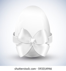 White happy easter egg with big ribbon bow isolated realistic vector illustration