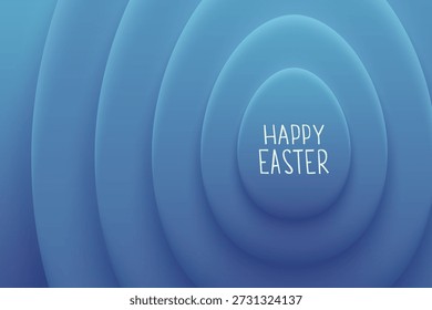 White Happy Easter lettering placed on layered blue oval paper shapes. Concept of holiday greeting card, seasonal banner